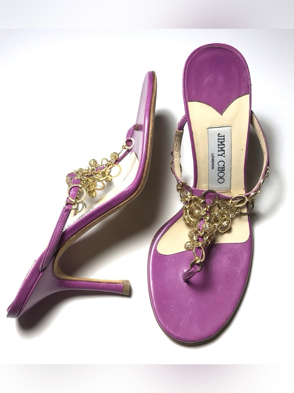 JIMMY CHOO Vintage Gold Charm T-Strap Sandle